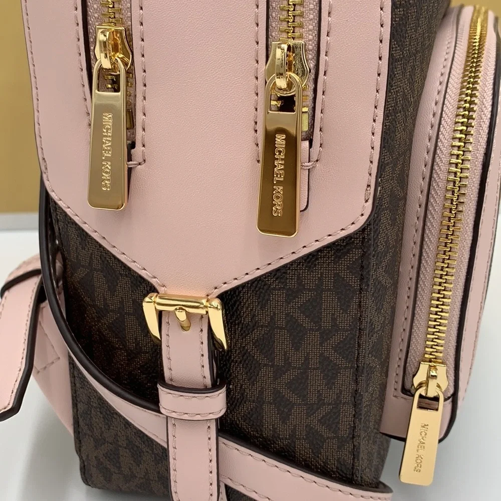 MICHAEL KORS JAYCEE MEDIUM ZIP POCKET BACKPACK BROWN /PINK SIGNATURE COLOR